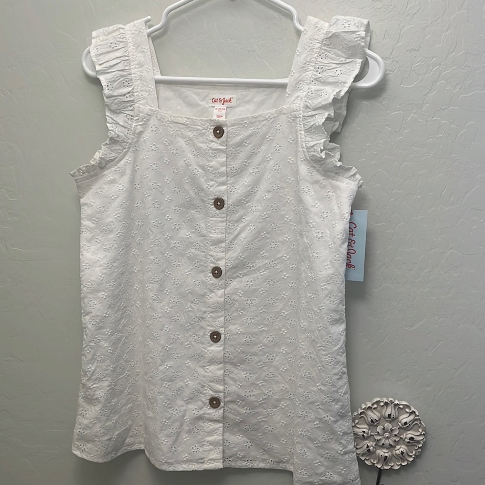 Squareneck eyelet ruffle top